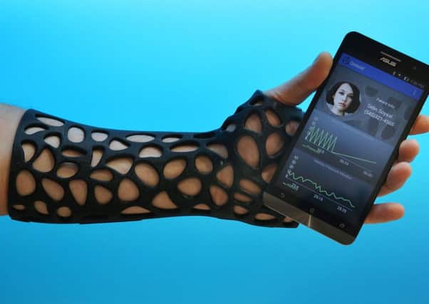 Osteoids bluetooth connected smart splint is displayed at The Wearable Technology Show 2015. Picture: Getty