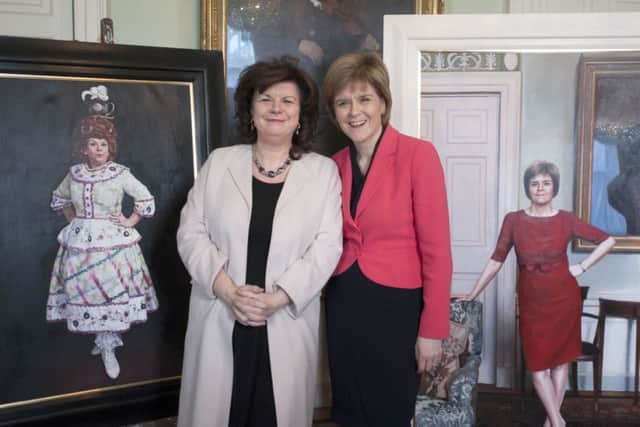 First Minister Nicola Sturgeon and Elaine C Smith admire their portraits at Bute House, Edinburgh. Picture: Jane Barlow