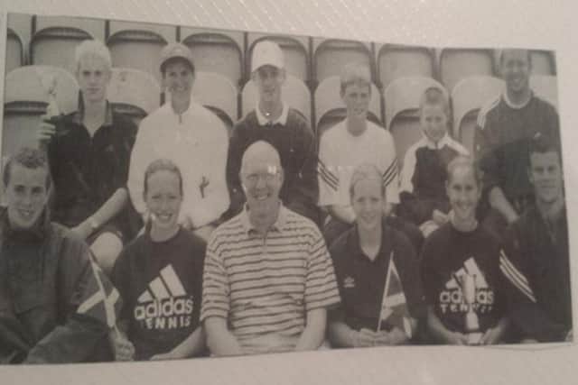 Peroxide-blond Andy Murray pictured back left. Picture: Twitter/@judmoo