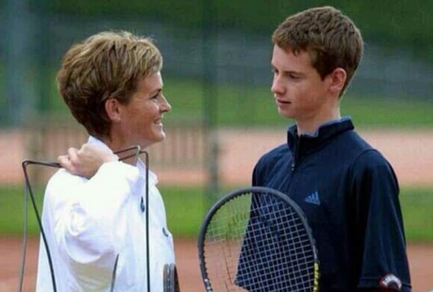 Andy Murray and mum Judy, at the local tennis court. Picture: Twitter/@judmoo