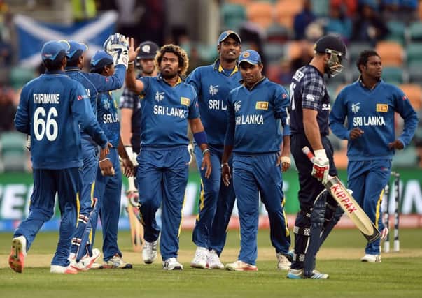Lasith Malinga (C) takes the plaudits after taking the wicket of Scotland batsman Kyle Coetzer. Picture: Getty