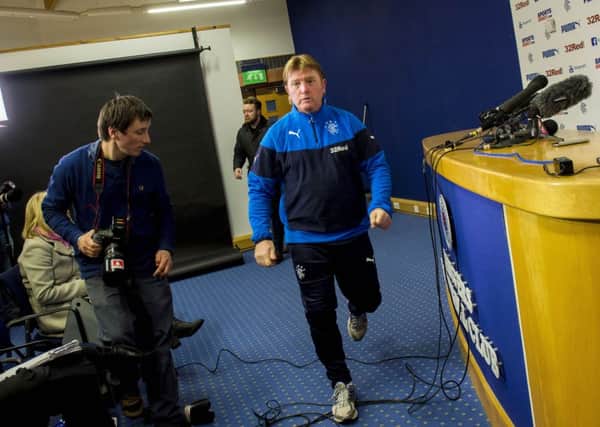 Stuart McCall prepares to speak to the media at Murray Park yesterday. Picture: SNS