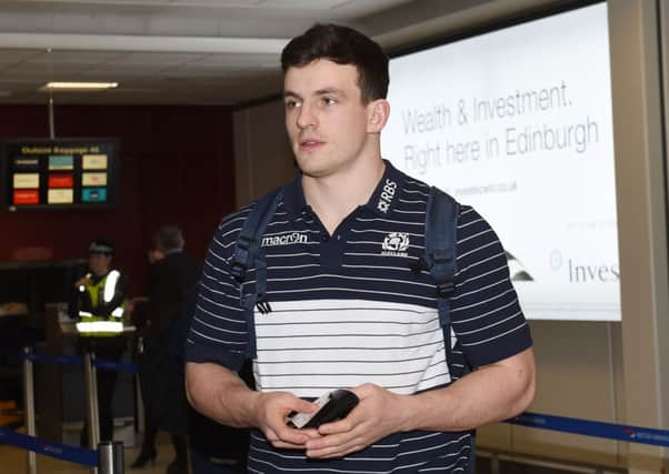 Scotland's Matt Scott arrives at Edinburgh Airport ahead of his side's upcoming RBS Six Nations clash against England. Picture: SNS