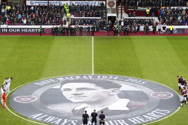 Tynecastle observes a minute's silence for Hearts legend Dave Mackay. Picture: SNS