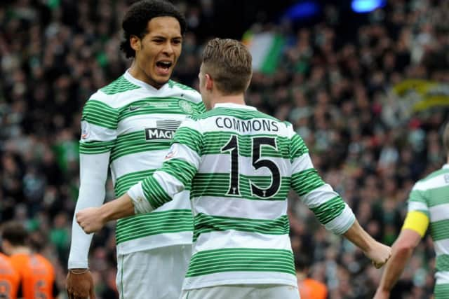 Virgil Van Dijk and Kris Commons celebrate after the latter opened the scoring. Picture: Lisa Ferguson