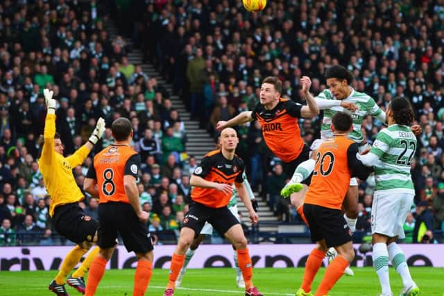 Virgil van Dijk of Celtic heads at goal during the Scottish League Cup Final between Dundee United and Celtic at Hampden Park. Picture: Getty