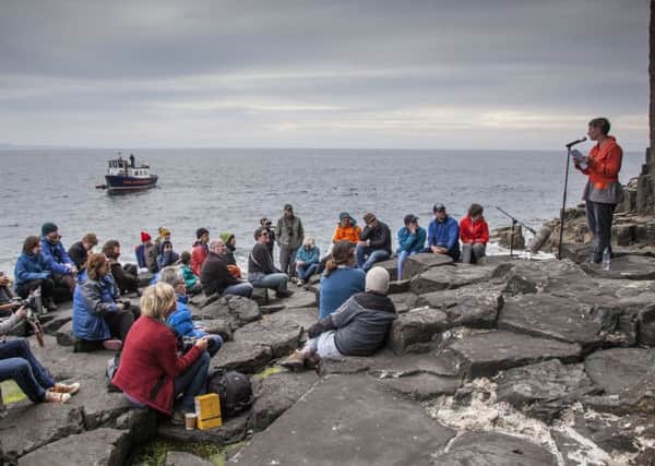 In May 2014, artist Ilana Halperin sailed with a small audience to the Isle of Staffa where she delivered a spoken-word performance at the mouth of Fingals Cave, in conjunction with her exhibition at An Tobar. Picture: Comar