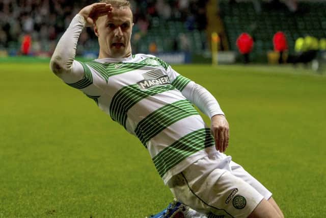 Celtic striker Leigh Griffiths celebrates putting the Parkhead side two goals ahead. Picture: SNS
