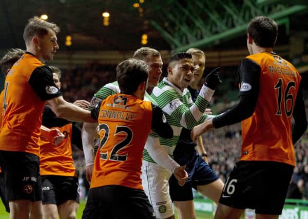 Tempers fray at Celtic Park after Ryan McGowan's challenge on Liam Henderson. Picture: SNS