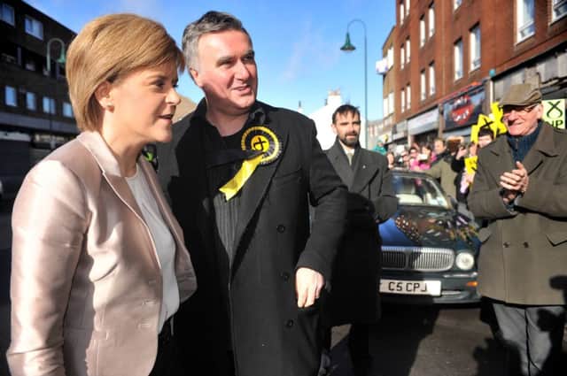 First Minister Nicola Sturgeon and candidate John Nicolson on the campaign trail in Kirkintilloch. Picture: JP