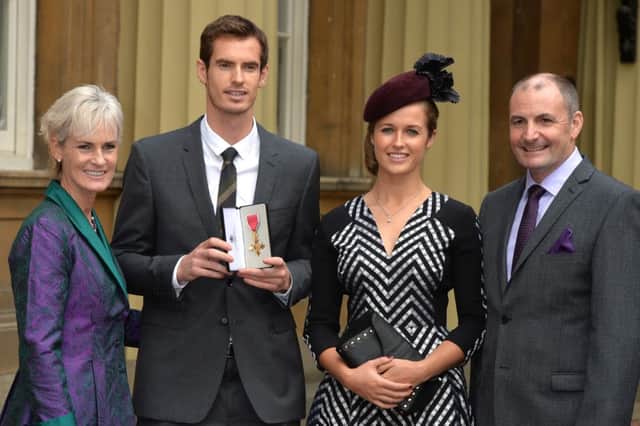 Andy Murray  poses for pictures with Kim Sears,  his mother Judy  and father Will . Picture: Getty