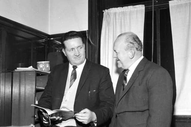 Then Hibs manager Jock Stein chats with Easter Road club chairman Willie Harrower after a board meeting in March 1964. Picture: TSPL