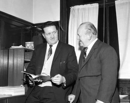 Then Hibs manager Jock Stein chats with Easter Road club chairman Willie Harrower after a board meeting in March 1964. Picture: TSPL