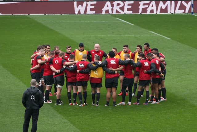 The England squad gather during the captains run at Twickenham yesterday. Picture: Getty