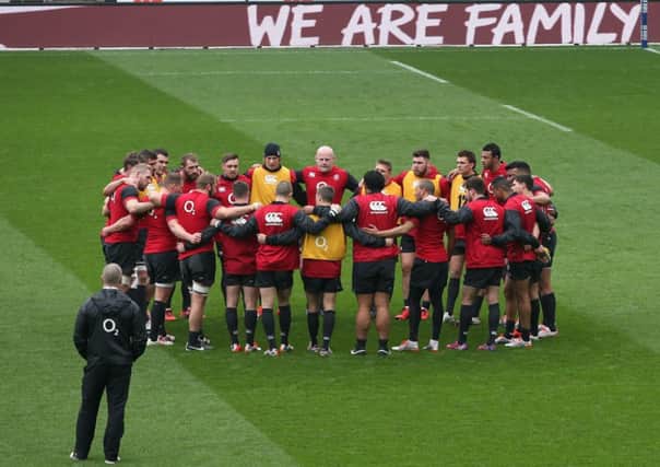 The England squad gather during the captains run at Twickenham yesterday. Picture: Getty