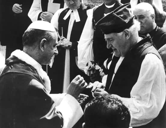 Michael Ramsey, Archbishop of Canterbury, bids farewell to Pope Paul VI after their historic meeting in Rome in 1966. Picture: Getty