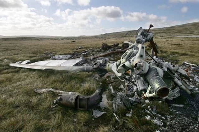 The wreckage of an Argentine military helicopter shot down during the 1982 war. Picture: Getty