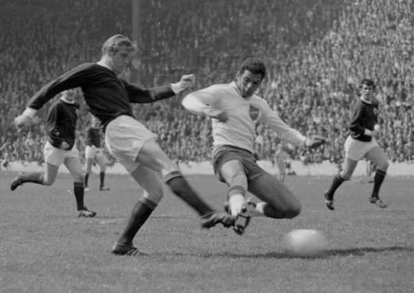 Colin Stein fires in a shot at goal during his fourgoal spree against hapless Cyprus. Picture: Allan Milligan
