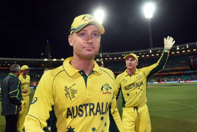 Michael Clarke and wicketkeeper Brad Haddin after defeating India in the semi final. Picture: Getty
