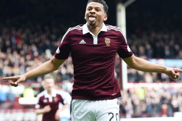 Delight for Osman Sow after putting Hearts in front. Picture: SNS