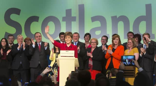 Nicola Sturgeon closes the party conference at the SECC in Glasgow yesterday. Picture: PA