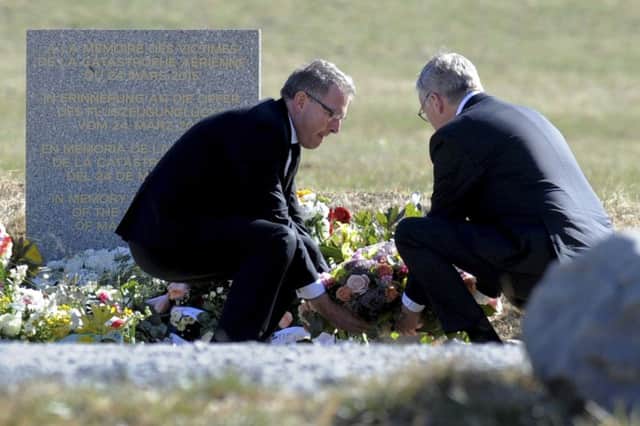 Lufthansa and Germanwings CEOs Carsten Spohr (left) and Thomas Winkelmann in Le Verne. Picture: Getty