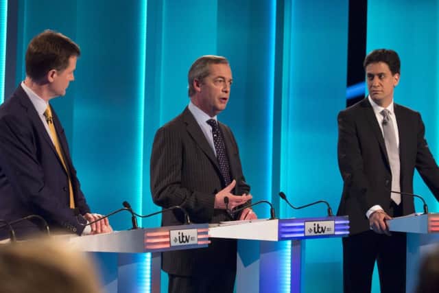 Nick Clegg, Nigel Farage and Ed Miliband take part in the debate last night. Picture: Getty