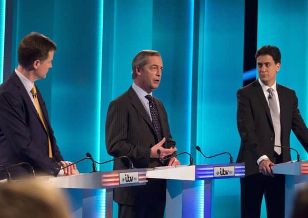 Nick Clegg, Nigel Farage and Ed Miliband take part in the debate last night. Picture: Getty