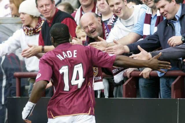 Runs to the Hearts fans after scoring in a 42 victory against Falkirk at Tynecastle in October 2007. Picture: Ian Georgeson