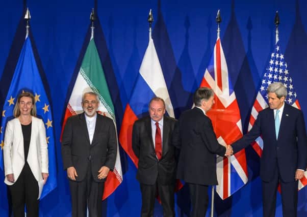 Representatives from the EU, Iran, Russia, the UK and the US at the talks in Switzerland. Picture: AFP