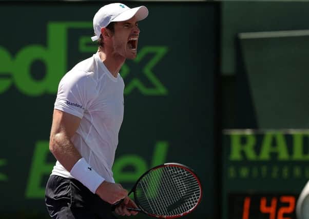 Andy Murray celebrates after his straight sets win over Tomas Berdych in the Miami Open. Picture: Getty