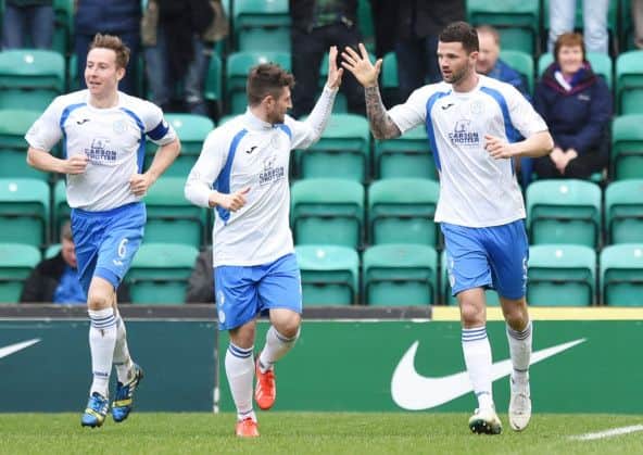 Mark Durnan (right) celebrates after giving his side the lead with team-mate Lewis Kidd. Picture: SNS