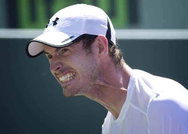 Andy Murray reacts after losing a point to Novak Djokovic at the Miami Open. Picture: AP