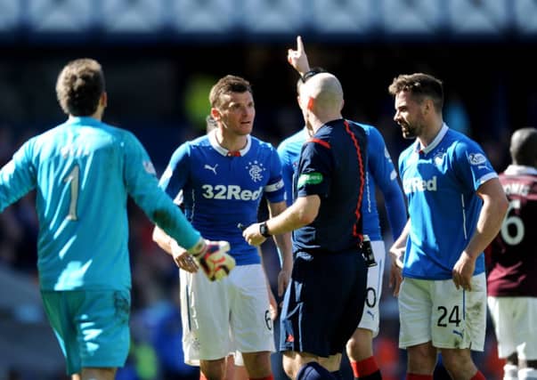 Rangers' Lee McCulloch being sent off against Hearts. Picture: Jane Barlow