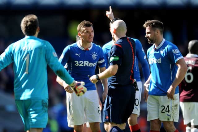Rangers' Lee McCulloch being sent off against Hearts. Picture: Jane Barlow