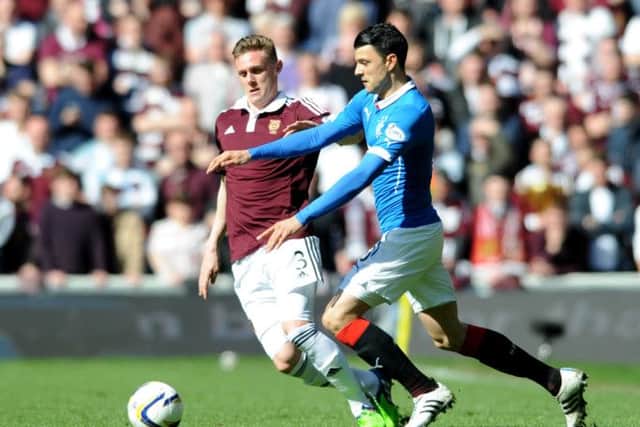 Hearts' Kevin McHattie and Rangers' Haris Vuckic. Picture: Jane Barlow