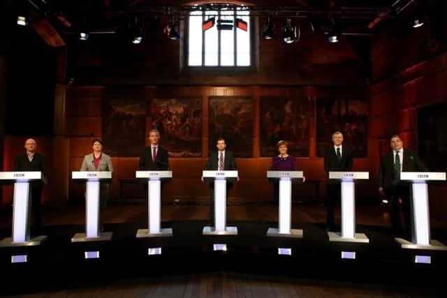 (L to R) Patrick Harvie, Ruth Davidson, Jim Murphy, BBC Host James Cook, Nicola Sturgeon, Willie Rennie and UKIP MEP David Coburn. Picture: PA