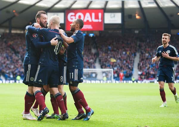 Scotland celebrate a goal against Gibraltar. The Scots will take on Qatar at Easter Road in June. Picture: John Devlin