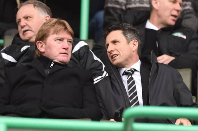 Rangers boss Stuart McCall speaks with Celtic assistant manager John Collins at the recent Hibs v Queen of the South match. Picture: SNS