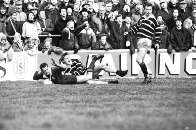Andy Purves of Melrose looks to the referee as Randwicks David Campese touches down. Picture: Hamish Campbell