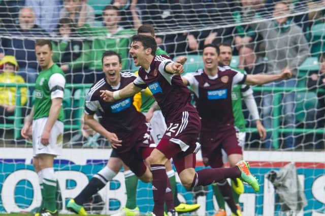 Callum Paterson celebrates the first of his double at Easter Road last season. Picture: SNS