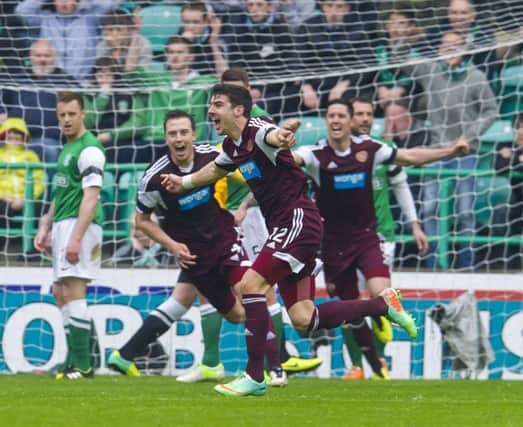 Callum Paterson celebrates the first of his double at Easter Road last season. Picture: SNS