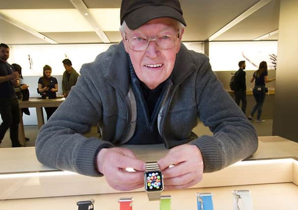 Douglas Smith from Giffnock was the first through the door to try the Apple Watch in Glasgow. Picture: John Devlin