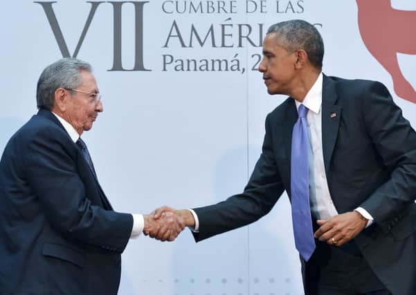 President Barack Obama greets Cubas President Raul Castro at this weekends  historic Summit of the Americas in Panama City. Picture: AFP/Getty