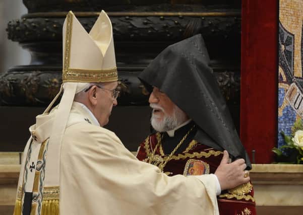 The Pope and Aram I at a service marking 100 years since the mass killings of Armenians under the Ottoman Empire. Picture: Getty