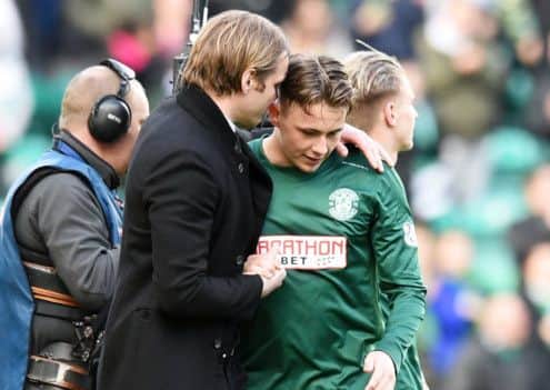 Hearts manager Robbie Neilson with Hibs midfielder Scott Allan at full-time yesterday. Picture: SNS