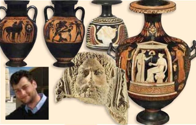The artefacts which have been withdrawn and, left, expert Dr Tsirogiannis. Pictures: Christies