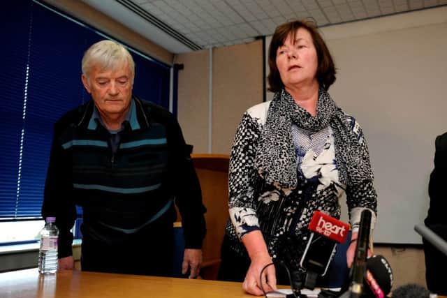Karen's parents John and Marian address the media in Glasgow. Picture: Hemedia