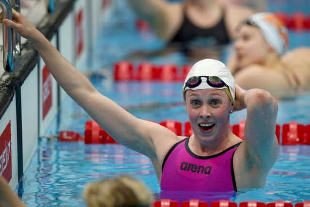 A delighted Hannah Miley at the end of her gold-winning swim last night. Picture: Getty