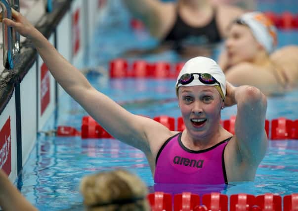 A delighted Hannah Miley at the end of her gold-winning swim last night. Picture: Getty